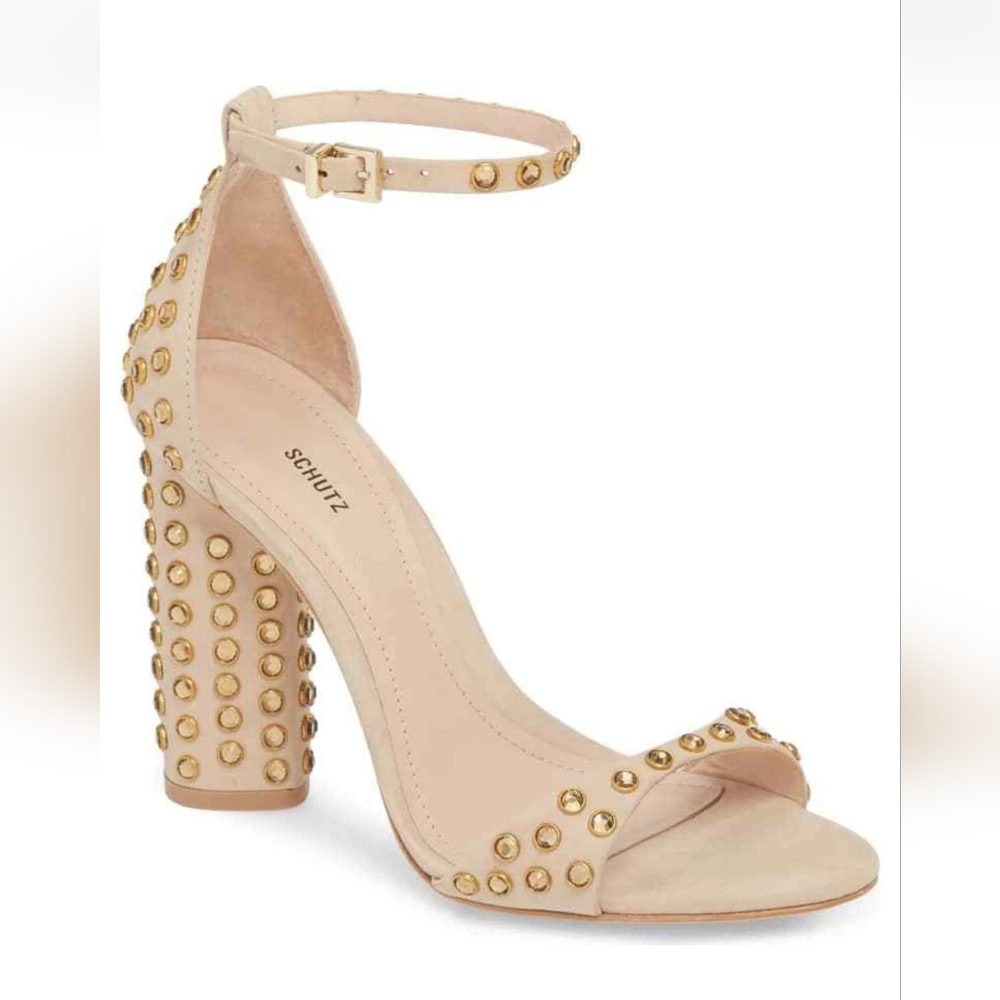 SCHUTZ Women's Marcelle Oyster Leather Suede High Block Heel Sandals Size 6.5 B‎